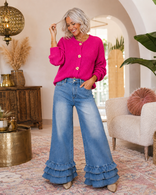 High Rise Wide Leg Flared Jeans with Tiered Ruffle Hem