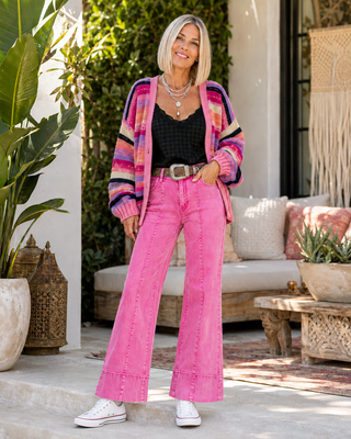 Mid-Rise Pintuck Wide Leg Jeans with Extended Cuff