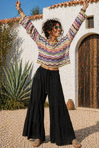 Ribbed Mineral Wash Tiered Pant - Wide Leg Pull-On Boho Pant for Women