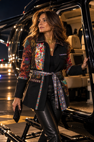Mixed Media Embroidered Statement Jacket with Detachable Belt
