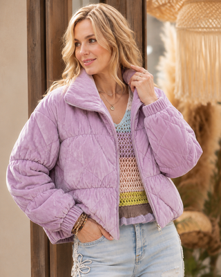 Diamond Quilted Velour Puffer Jacket - Lavender