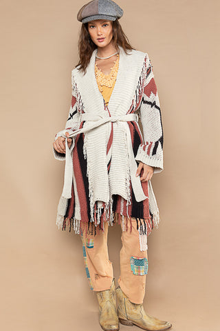 Fringed Tribal Striping Sweater Cardi w/ Belt