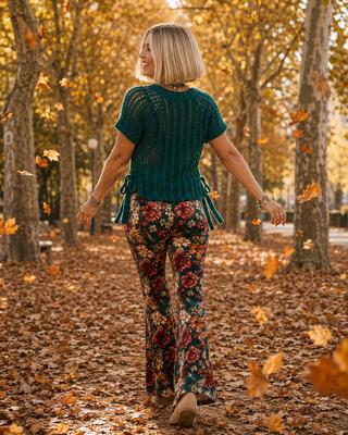 Floral Velvet Flares - Multicolour Pull-On Statement Pants