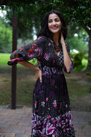 Floral Noir Bohemian Patchwork Maxi Dress