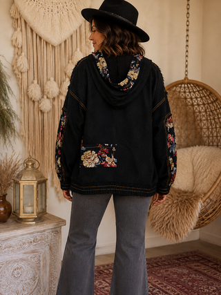 Vintage Wash Denim Floral Patchwork Jacket - Oversized Zip-Up Hoodie