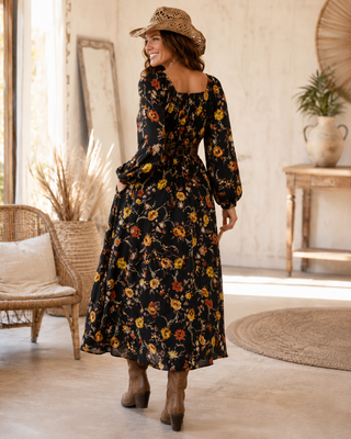 Smocked Fall Florals Long Sleeve Maxi Dress