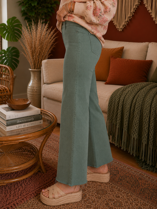Wild Sage Mineral Wash Cropped Jeans — High Rise Denim Crops with Frayed Hem