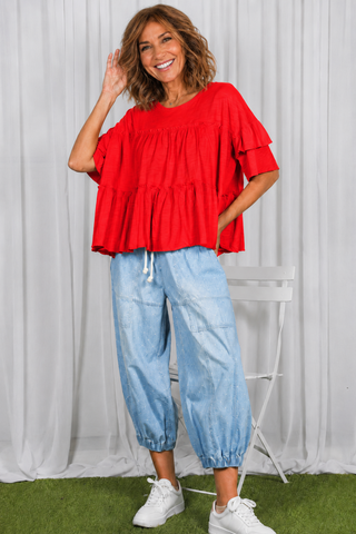 Ruffle Tiered Cotton Crew Neck Tee