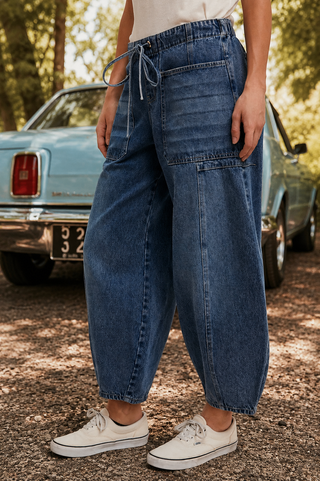 Dark Wash Mid Rise Drawstring Barrel Jeans