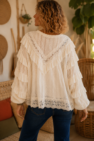 Eyelet Lace Ruffle Top – Romantic Knit Blouse with Raw Edge Details