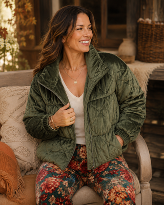 Diamond Quilted Velour Puffer Jacket - Olive