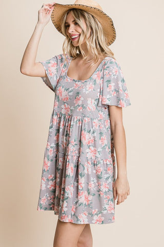 Short Sleeve Square Neck Tiered Mini Dress