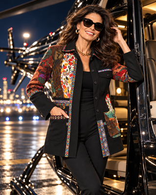 Mixed Media Embroidered Statement Jacket with Detachable Belt
