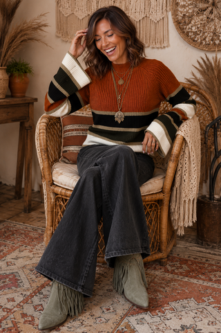 City Limits Ribbed Knit – Striped Mock Neck Sweater with Flared Cuffs