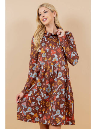 Brushed Hacci Hippy Mushroom Print Tunic Dress