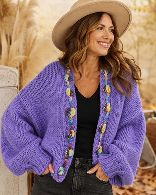 Chunky Multicolor Trim Open Sweater Cardigan