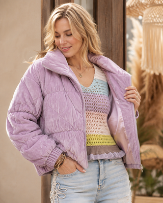 Diamond Quilted Velour Puffer Jacket - Lavender