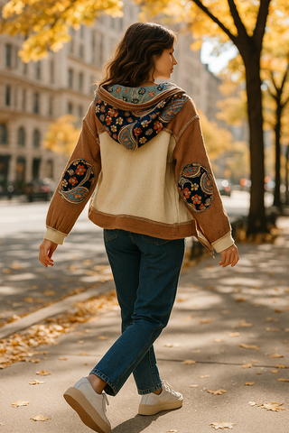Button Up Patchwork Hoodie Top