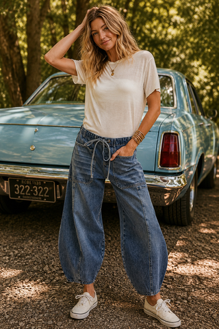 Dark Wash Mid Rise Drawstring Barrel Jeans