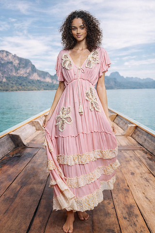 Embroidered Sequin Maxi Dress Ruffle Trim Boho Occasion Dress for Women Embroidered Sequin Maxi Dress Ruffle Trim Boho Occasion Dress for Women