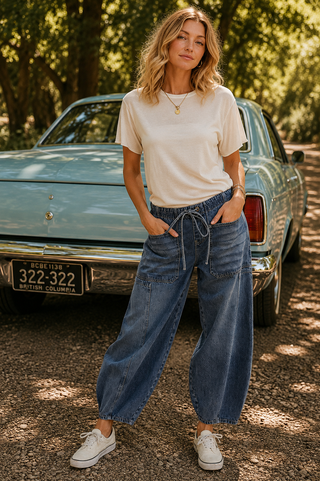 Dark Wash Mid Rise Drawstring Barrel Jeans