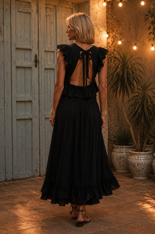 Moonlit Romance Set - Ruffle Trim Top & Side Slit Midi Skirt
