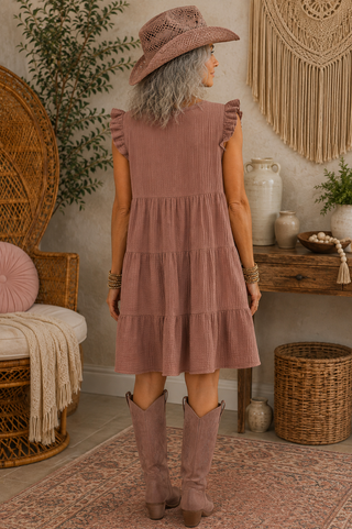 Sleeveless Babydoll Gauze Dress with Ruffles - Mocha