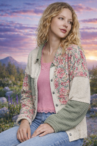 Floral Lace Patchwork Twill Jacket – Textured Boho Layer for Women
