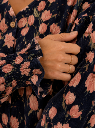 Corduroy Floral V-Neck Button Front Blouse – Romantic Balloon Sleeve Top with Ruffle Cuffs