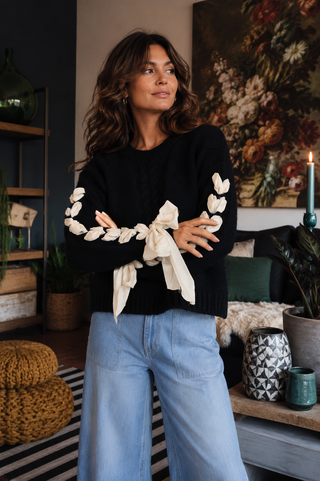 Wrapped in Wonder Sweater – Cable Knit Sweater with Statement Ribbon Sleeves