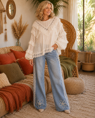 Pearl Embellished Wide Leg Jeans with Lace Trims