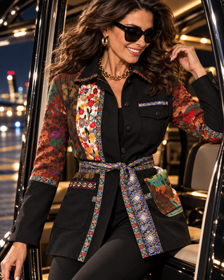 Mixed Media Embroidered Statement Jacket with Detachable Belt