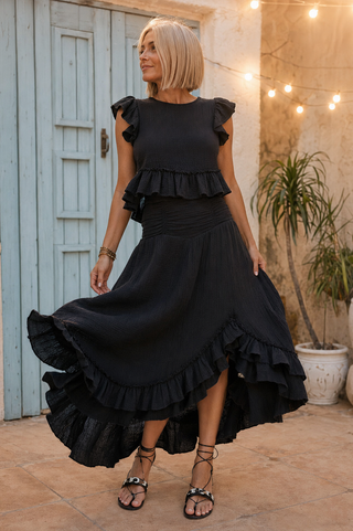 Moonlit Romance Set - Ruffle Trim Top & Side Slit Midi Skirt