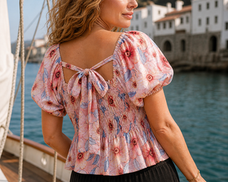 Floral Smocked Peplum Blouse – Puff Sleeve Top with Tie-Back Detail