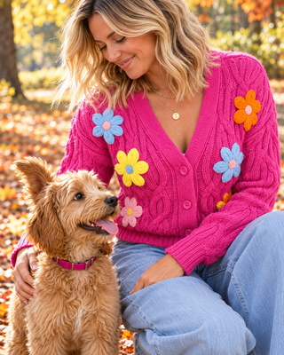 Handmade Button Cardi with Flower Appliqués