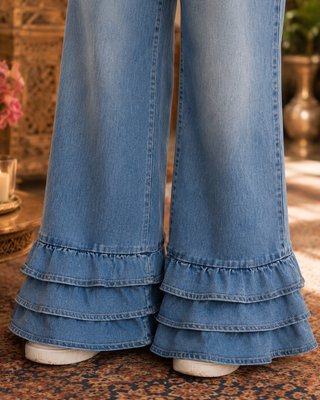 High Rise Wide Leg Flared Jeans with Tiered Ruffle Hem