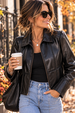 Butter Soft Vegan Leather Semi-Crop Panel Stitch Jacket
