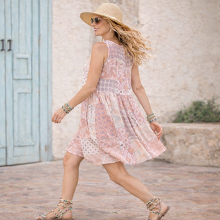 Patchwork Print Babydoll Mini Dress – Soft Jersey Boho Swing Dress for Women