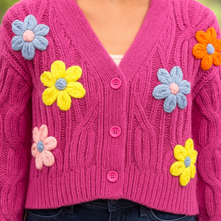 Handmade Button Cardi with Flower Appliqués
