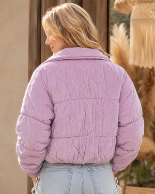 Diamond Quilted Velour Puffer Jacket - Lavender
