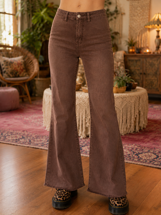 Mineral Wash Bootcut Jeans with Reinforced Raw Hem - Rum Brown