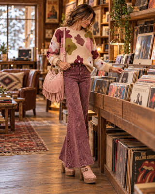 Colourful Retro Floral Motif Sweater Top