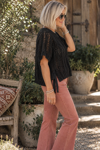 Short Sleeve Chunky Crochet Top with Side Ties - Black