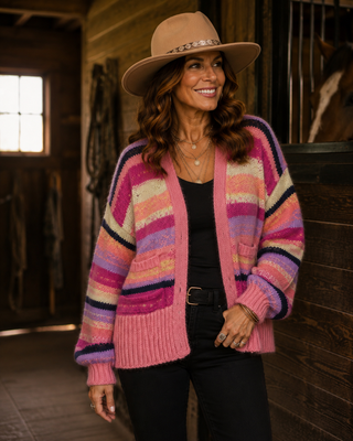 Pretty in Pink Bold Stripe Open Sweater Cardigan