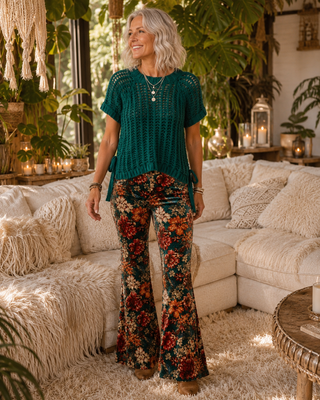 Floral Velvet Flares - Multicolour Pull-On Statement Pants