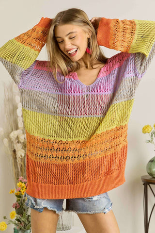 Deep V Colorblock Crocheted Pullover