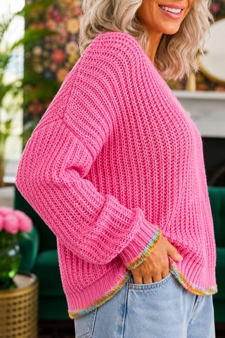 Confetti Trim Sweater – Chunky V-Neck Knit Pullover