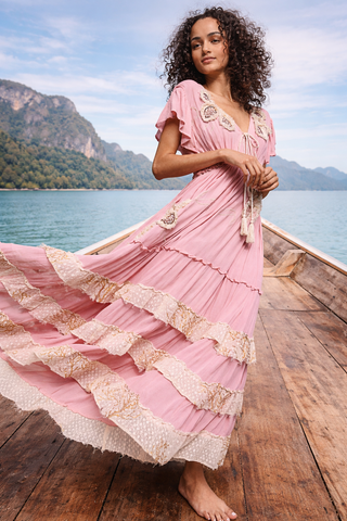 Ruffle Trim Maxi w/ Embroidery & Sequin Detail