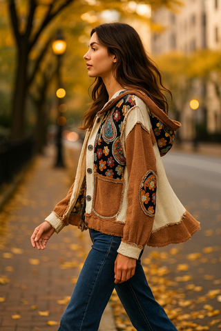 Button Up Patchwork Hoodie Top