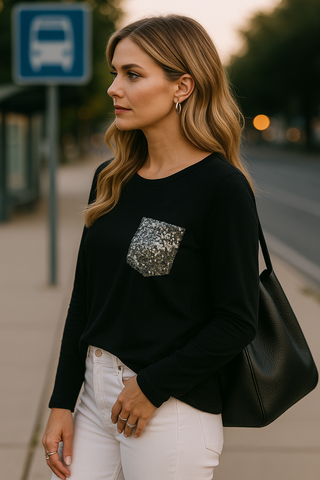Long Sleeve Curved Hem Top with Sequin Pocket